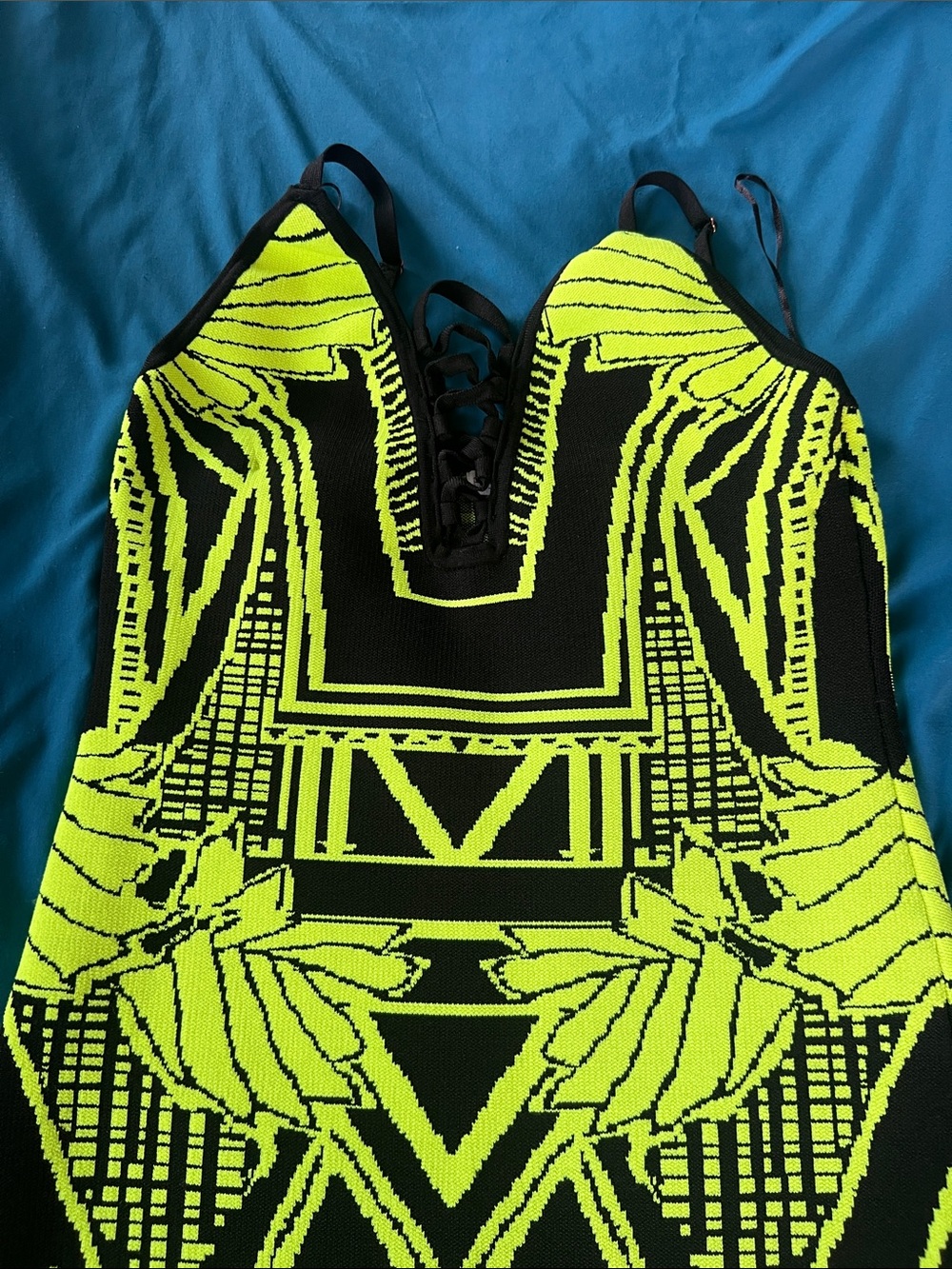 Neon Yellow & Black Geometric Bodycon Bandage Dress Large - Picture 11 of 13